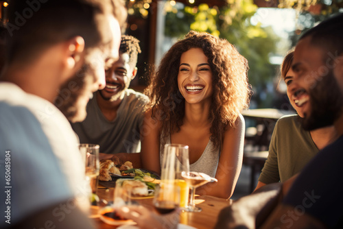 Millennial friends enjoying a fun-filled social gathering at an outdoor restaurant
