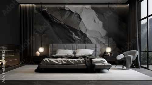 Monochrome bedroom with a statement wall