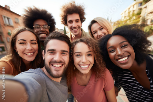 Happy friends taking selfie pic with smartphone outdoors