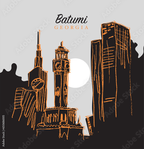 Drawing sketch illustration of the skyscrapers and Chacha Tower in Batumi, Georgia