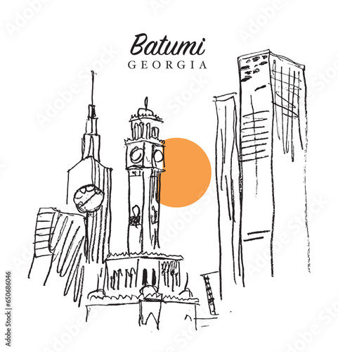 Drawing sketch illustration of the skyscrapers and Chacha Tower in Batumi, Georgia