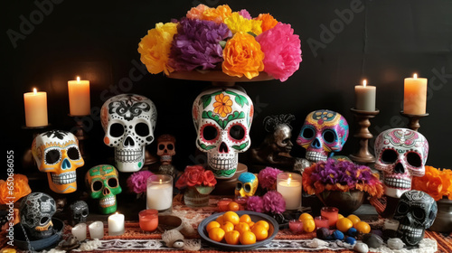 Colorful Dia de los Muertos altar with marigold flowers and candles.