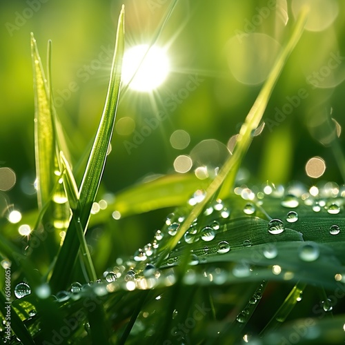 juicy fresh grass with dew drops illuminated by morning sun in nature