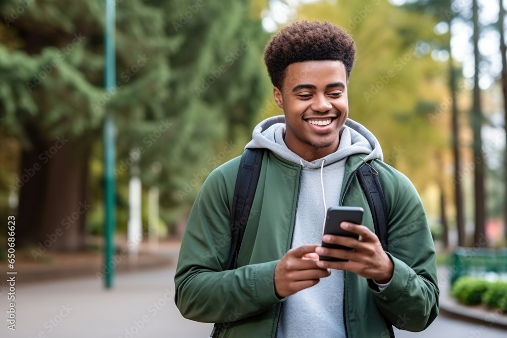Fototapeta premium Smiling African American girl walking in university park using mobile phone shopping online
