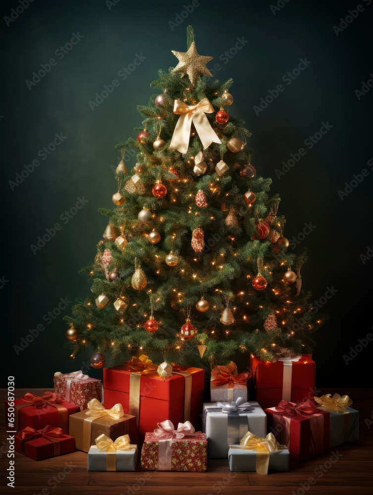Beautiful decorated Christmas tree with gift boxes isolated on dark background