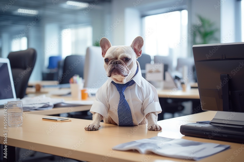 a dog in a white shirt with a tie sits at the office desk, a dog in the office with a tie - obrazy, fototapety, plakaty 