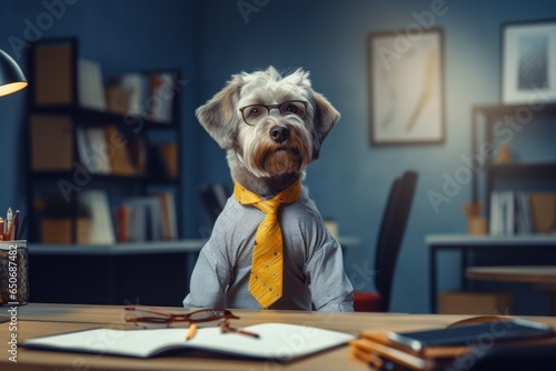a dog in a blue shirt and a tie sits at an office desk, a dog in an office with a tie photo