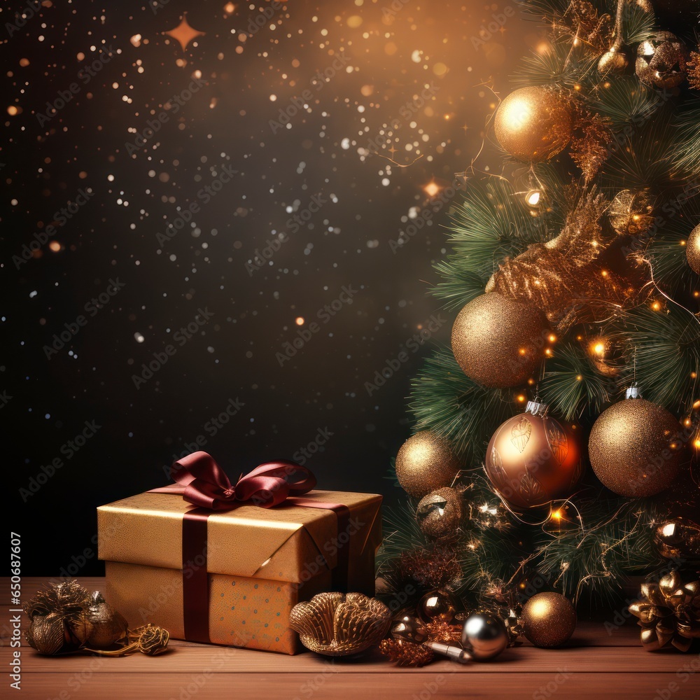Christmas & New Year background with beautiful decorations, gift boxes, toys, snow, Christmas tree and blank space for text