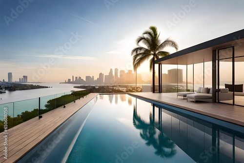 Modern villa with a private rooftop infinity pool overlooking the Miami skyline in Florida 