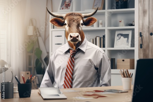 a bull in a white shirt with a tie sits at the office desk, a cow in the office with a tie