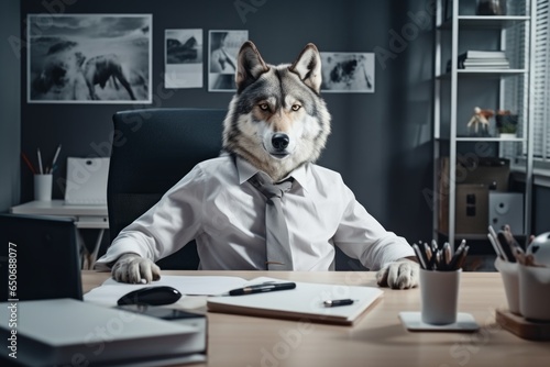 a wolf in a white shirt with a tie sits at the office desk, a wolf in the office with a tie