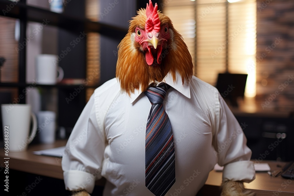 a rooster in a white shirt with a tie sits at the office desk, a chicken in the office with a tie