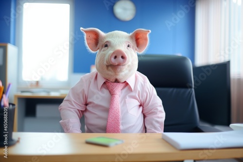 a pig in a pink shirt with a tie sits at the office desk, a pig in the office with a tie © vasyan_23