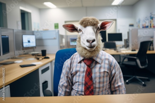 a sheep in a blue shirt with a tie sits at the office desk, a sheep in the office with a tie
