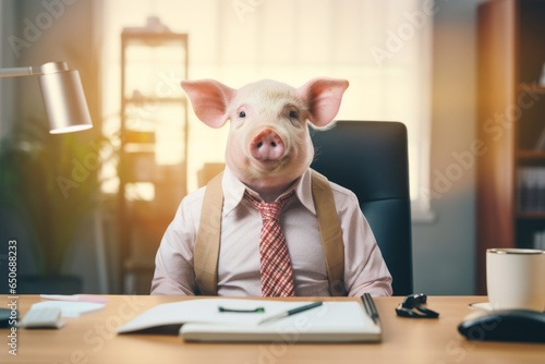 a pig in a white shirt with a tie sits at the office desk, a pig in the office with a tie