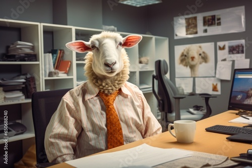 a sheep in an orange shirt with a tie sits at the office desk, a sheep in the office with a tie