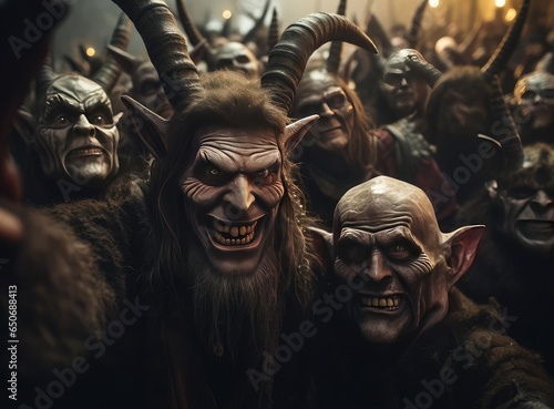 A group of people with horns at the Krampus Night festival