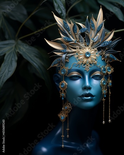 Luxury gold jewelry designed Venetian carnival with feathers and blue beads. Beautiful gold jewelry with exclusive design. 3D illustration of women gold accessories blue color with creative design