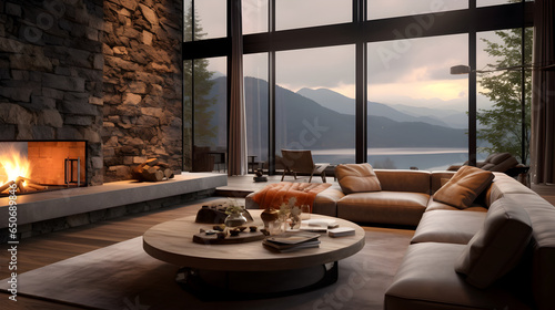 visual of a living room with a stone fireplace, large sofa, and mountain views, generate ai © Kpow27