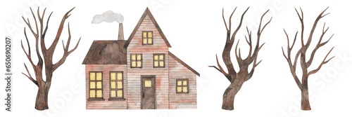 Watercolor illustration of a cozy old house in autumn colors. Hand drawn. Trees without leaves.