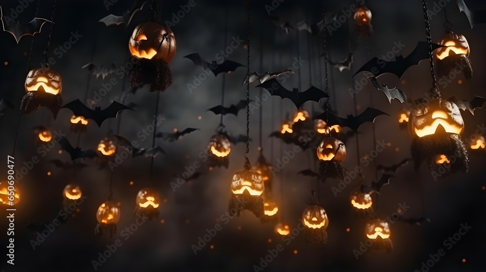Halloween pumpkins in the air with golden confetti and bokeh. Festive background.