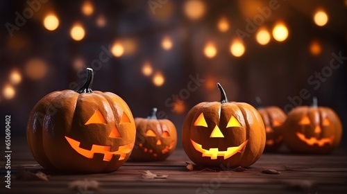 Halloween pumpkins with bokeh and copy space. Festive dark background. © Premium_art