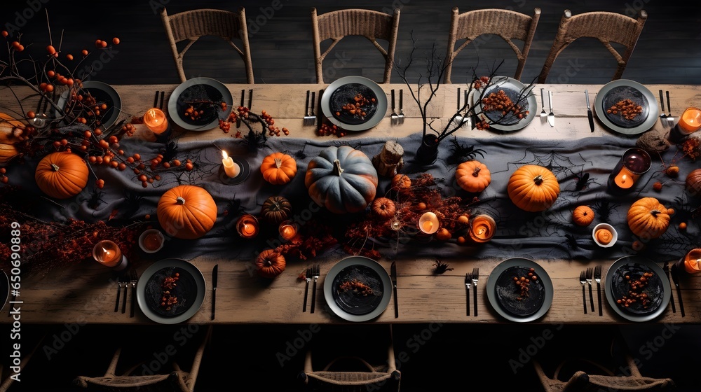 Obraz premium Table decorated with autumn pumpkins, party creative image.