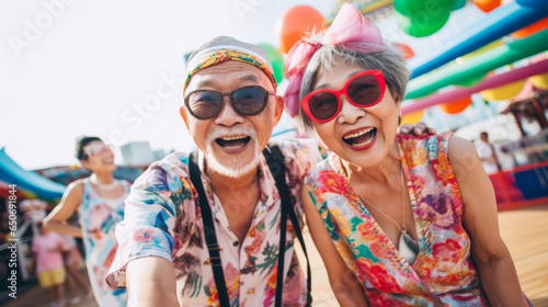 Senior couple at amusement park. Rides, food, fun retirement activity