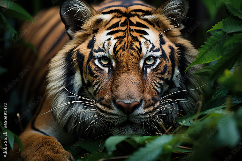 Close - up portrait shoot in green jungle of an expressive tiger Close - up portrait shoot in green jungle of an expressive tiger