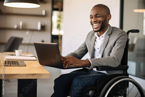 Smiling African American businessman with disability using laptop in wheelchair