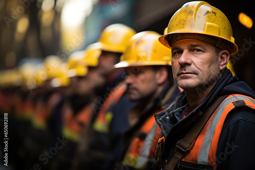 Industrial workers in safety vests and hard hats