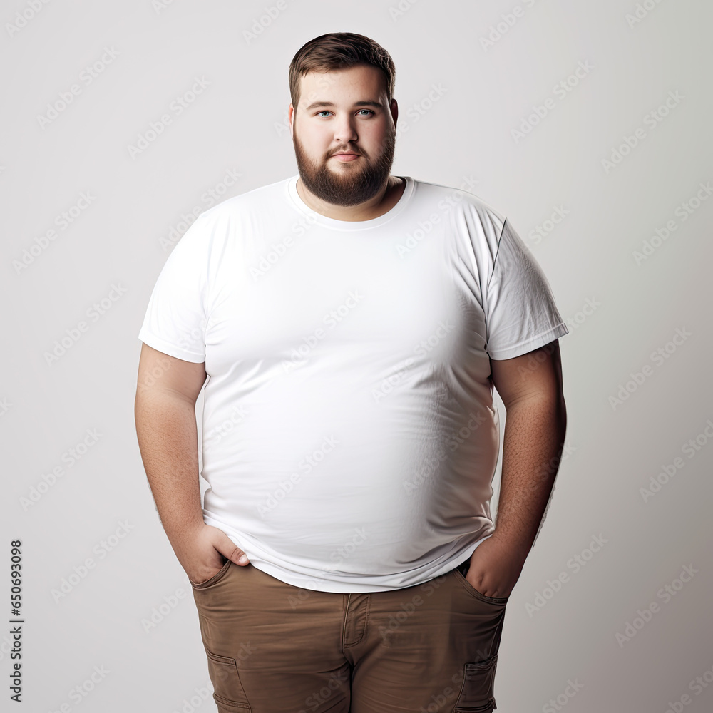 Happy Fat Man In White T shirt And With Beard Stands On White Happy Fat Man In White T shirt And With Beard Stands On White