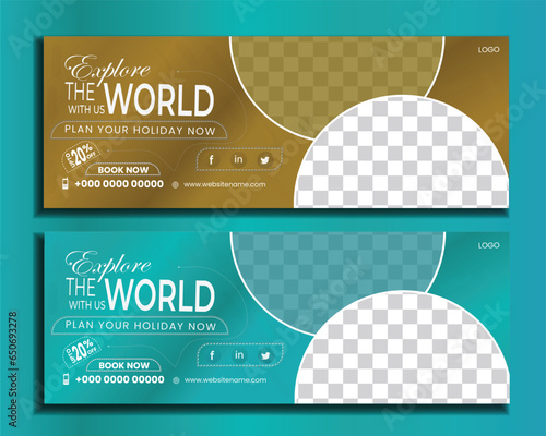 Travel vector facebook cover design template for ads tour social media cover with photo place holder, web banner, travel social media banner design.
