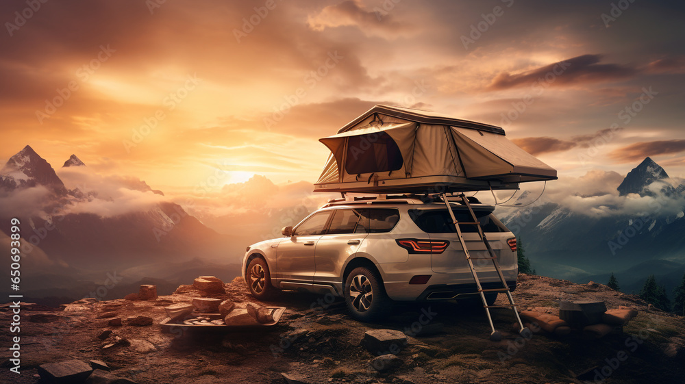 Top roof tent on camping car with mountain landscape view background. - obrazy, fototapety, plakaty 