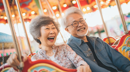Senior couple at amusement park. Rides, food, fun retirement activity © ReneLa/Peopleimages - AI