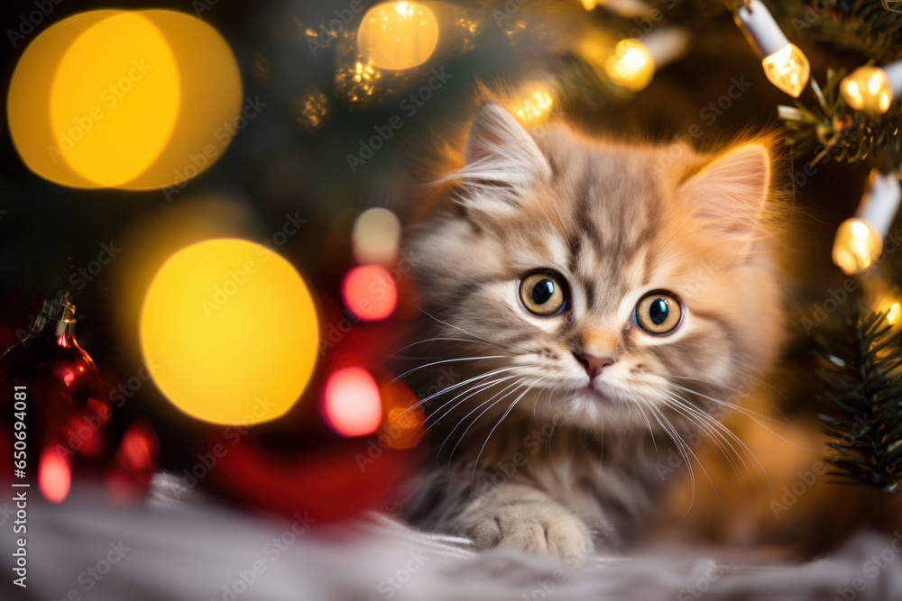 Cute kitten peeking out of the Christmas tree.  Christmas decorations and lights. Concept of celebrating New Year's Eve and Christmas at home. Xmas cat. Bokeh and copy space.