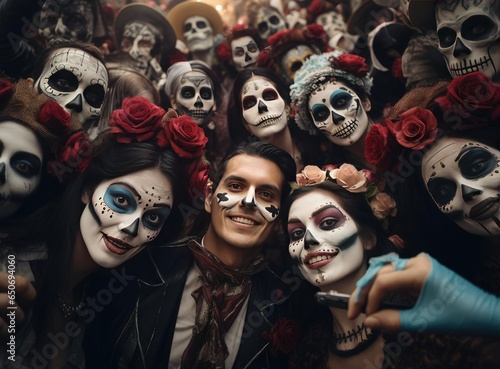 A group of people in costumes of the dead at the Dia de los Muertos festival © cherezoff