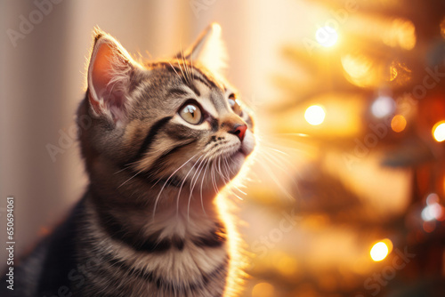 Striped kitten looking at Christmas tree lights. Christmas morning at home, cozy room. Celebrating New Year's Eve with pets. Domestic tabby cat. Garland lights. Warm colours.