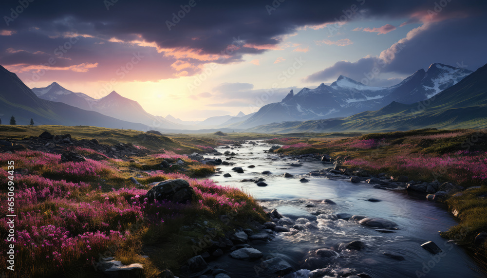 Obraz premium stunning natural landscape featuring a serene river and towering mountains.