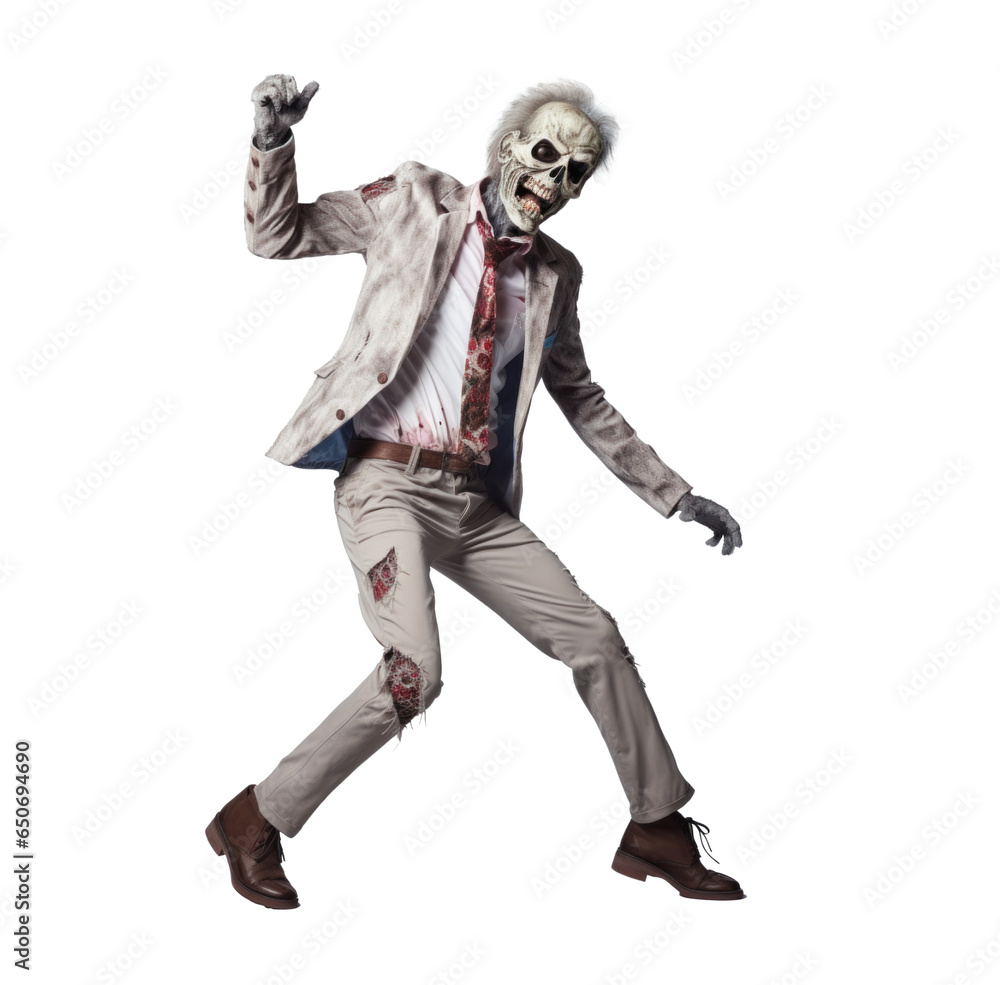 full-length dancing zombie, png file of isolated cutout object with shadow on transparent background.