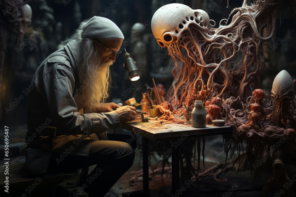 photo of an alien artist creating otherworldly art forms, inspiring humans with their unique and imaginative creations
