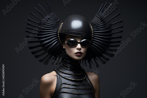 photo showcasing a model wearing avant-garde fashion inspired by alien aesthetics, merging futuristic styles with earthly elegance photo