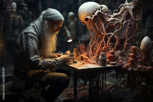 photo of an alien artist creating otherworldly art forms  inspiring humans with their unique and imaginative creations
