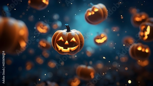 Halloween pumpkins in the air. Festive background.