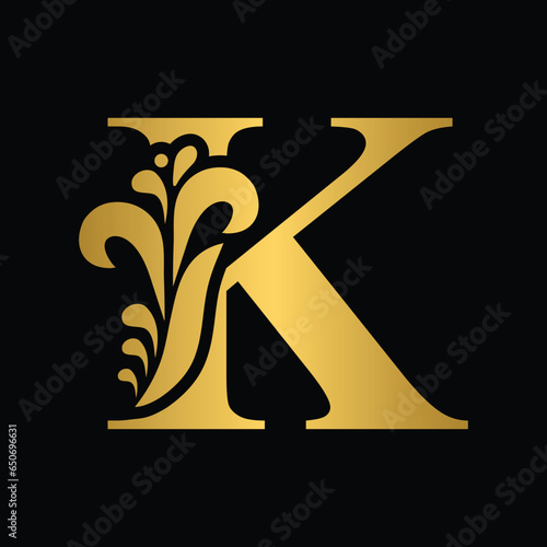 letter K. Gold flower alphabet. Beautiful capital letters with shadow