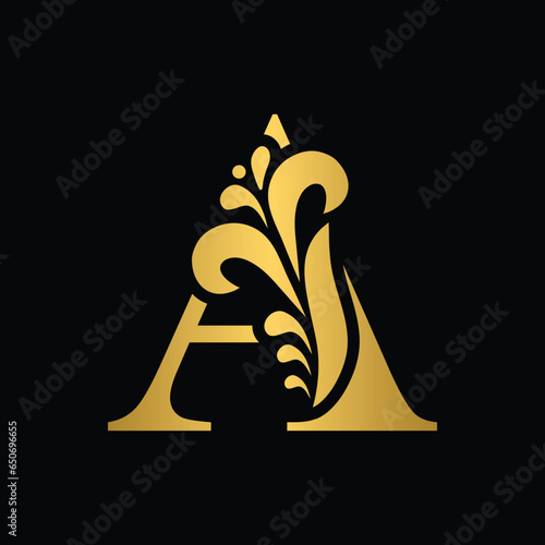 letter A. Gold flower alphabet. Beautiful capital letters with shadow