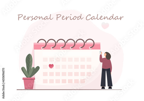 Person standing near personal period calendar, calendar for menstruation control and pregnancy planning, woman holding mobile phone scheduling period with marked days, women cycle tracker, vector illu