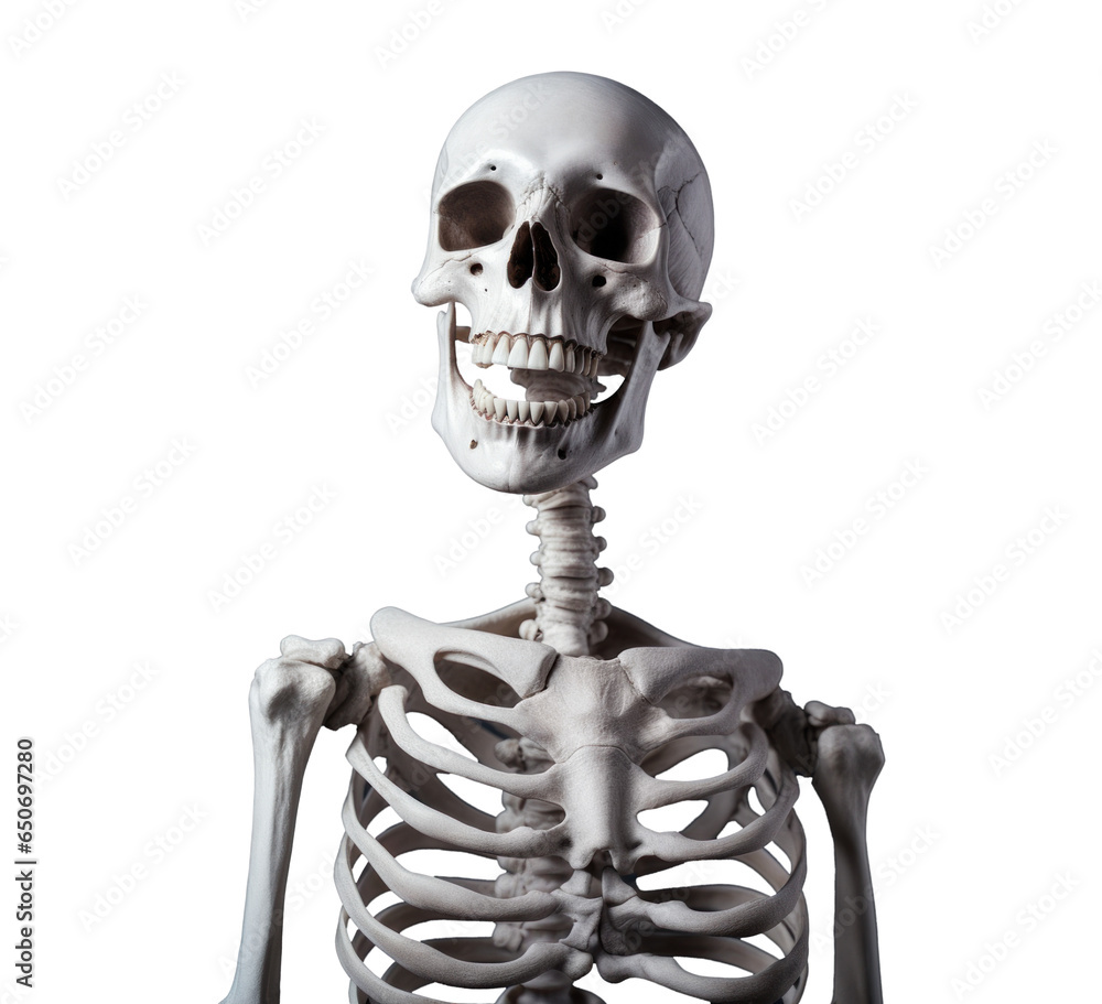 shoulder portrait of a cheerful smiling skeleton skull, png file of isolated cutout object on transparent background. shoulder portrait of a cheerful smiling skeleton skull, png file of isolated cutout object on transparent background.