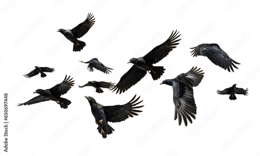 flock of flying crows , png file of isolated cutout object on transparent background. - obrazy, fototapety, plakaty 