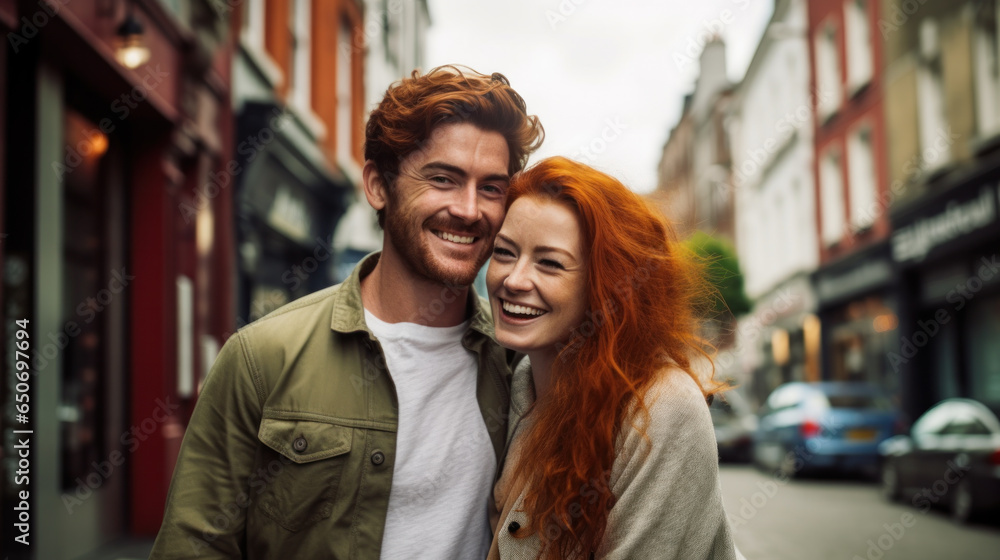 Hip Ireland couple gazing on city street. Hip Ireland couple gazing on city street.